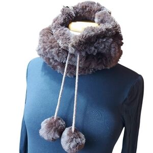 Rabbit Brown Fur Infinity Scarf Neck Warmer With Pompoms Super Soft